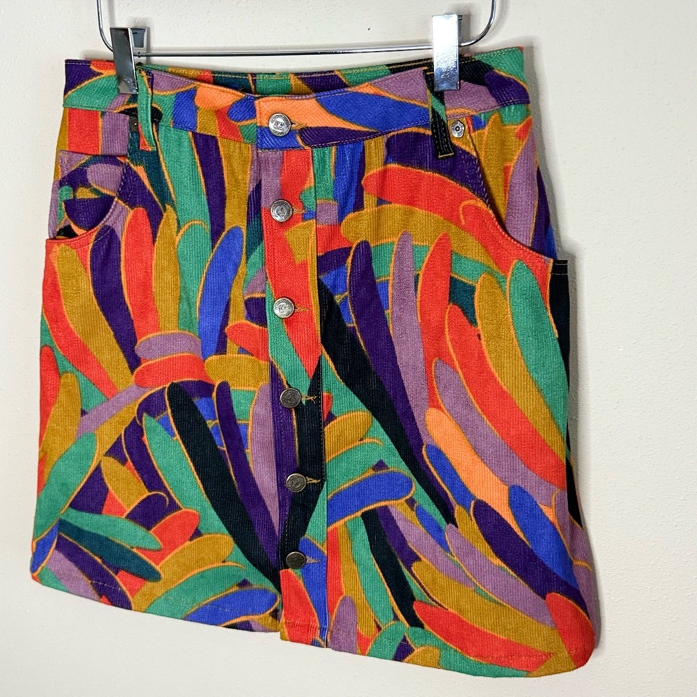 FARM Rio x Anthropologie Corduroy Mini Skirt Size S Button Front Tropical Print - Picture 4 of 8